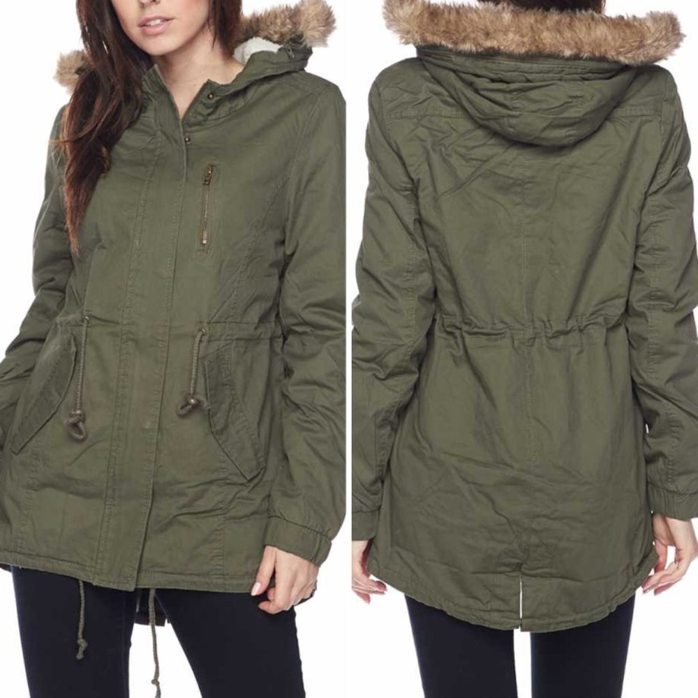 Olive Faux Fur Hooded Sherpa Lined Utility Jacket - Picture 16 of 16